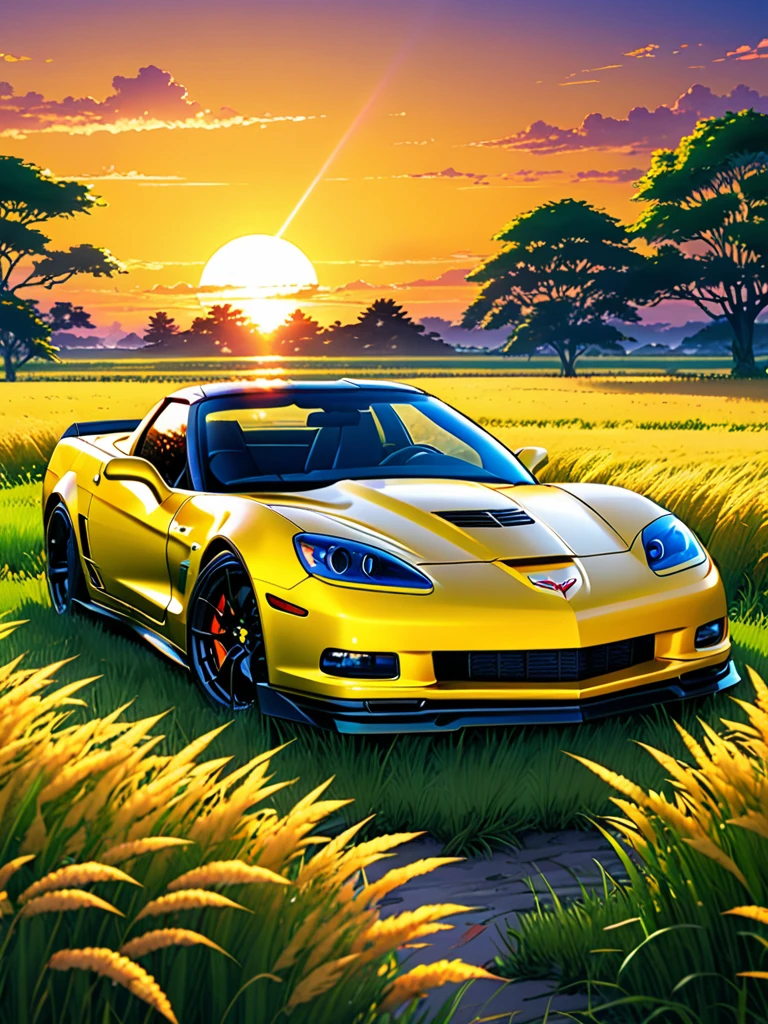 anime landscape of A pearl super space laser yellow classic 2006 Corvette ZR6 sport sits in a field of tall grass with a sunset in the background.beautiful anime scene, beautiful anime peace scene, Makoto Shinkai Cyril Rolando, beautiful anime scene, amazing wallpaper, anime art wallpaper 8k, anime background, artistic anime background, anime wallpaper 4k, anime art 4k wallpaper, anime wallpaper art 4k,