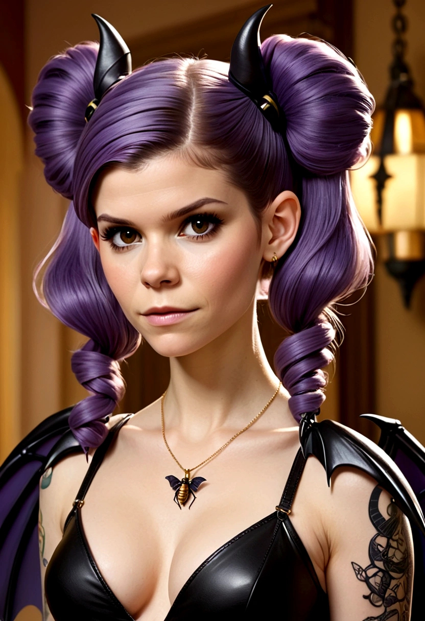 An adorable succubus (Kate Mara (age 25) violet skin, mega twintails, twin scorpion tails, tattoos, leathery bat wings, flirting, golden body jewelry, safe for work), in the bedroom