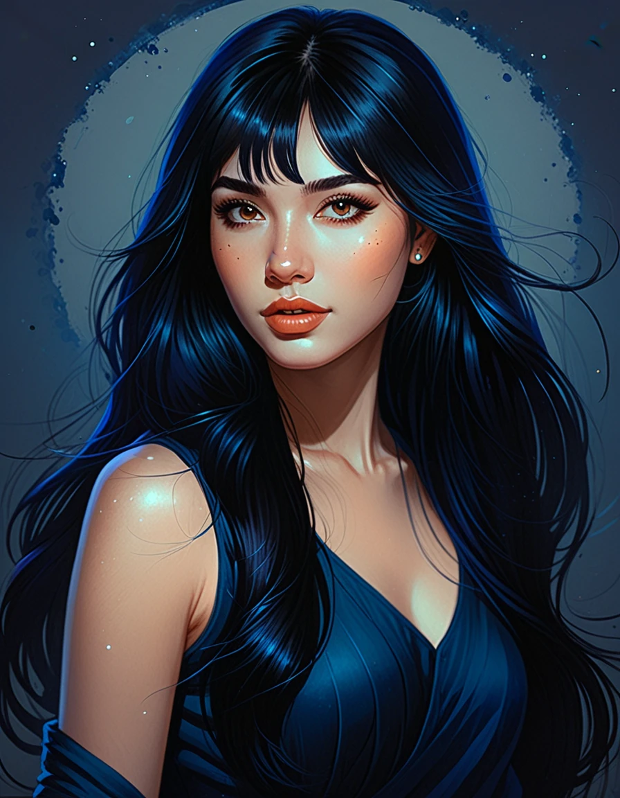 a 22yo woman with long black hair, in the style of charlie bowater, dark blue and dark black,realistic color palette, soft-focused realism,black hair, long hair, blunt bangs