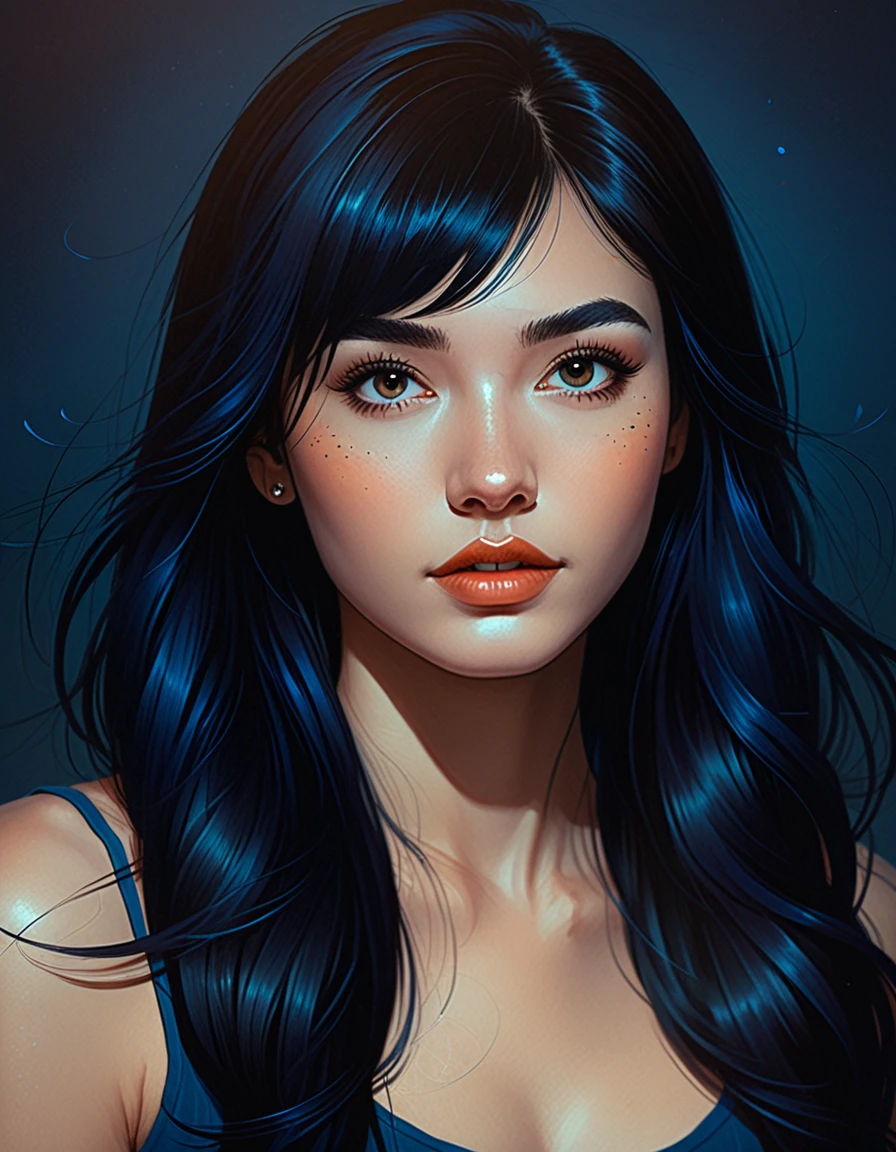 a 22yo woman with long black hair, in the style of charlie bowater, dark blue and dark black,realistic color palette, soft-focused realism,black hair, long hair, blunt bangs