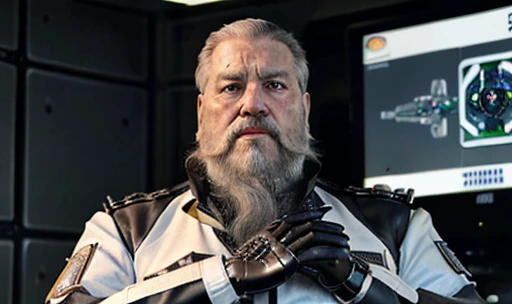 He is looking at his mechanical palm, He observes his own bionic hand, The space general aged 65 has long gray beard and long beard, wears a futuristic uniform, he is fat bearded, long sleeve uniform , wearing leather gloves on your hands, he has his arms crossed seriously, speaking to the viewer, He wears a white general's hat on his head. He wears a general's hat.estão todos na sala de reunião olhando um holograma.