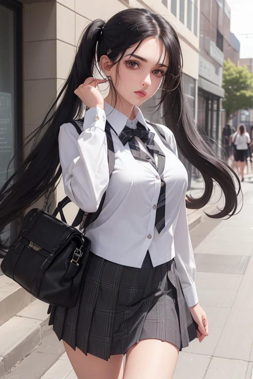 ((best qualityer), (hyperrealisti), mh-yk, Occupation: college student. Appearance: A slender young woman with long black hair styled in twintails. she has fair skin, striking features and intense dark eyes that convey intelligence and focus. Her outfit consists of a white blouse, black vest e plaid hip skirt, highlighting university uniform Clothing: white blouse, black vest, plaid hip skirt (schoolar uniform) action scene, jumping out of the wallet, excited look.