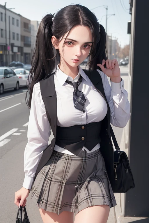 ((best qualityer), (hyperrealisti), mh-yk, Occupation: college student. Appearance: A slender young woman with long black hair styled in twintails. she has fair skin, striking features and intense dark eyes that convey intelligence and focus. Her outfit consists of a white blouse, black vest e plaid hip skirt, highlighting university uniform Clothing: white blouse, black vest, plaid hip skirt (schoolar uniform) action scene, jumping out of the wallet, excited look.