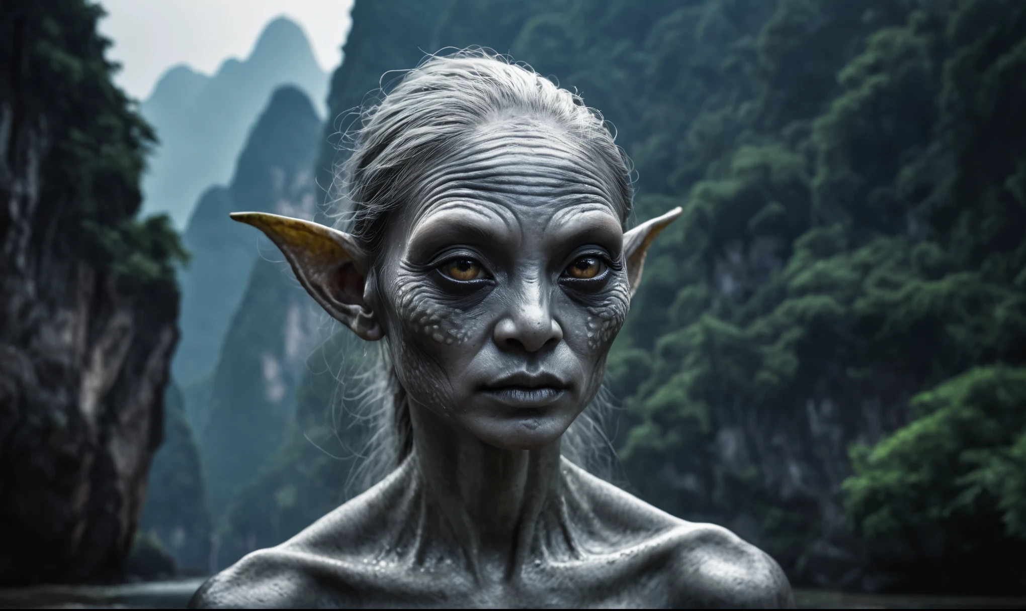 full-body-shot,beggar matte silver The Alien Entity,native italian babychild, wants eat,survival in criminal city of future, Technicolor,natural skin textures, hyper realism, hyper detailed,Extremely detailed,High contrast,Masterpiece,Realistic,Ultra Detailed, intricate details,realistic humid leather,extremly intricate,Epic Realistic, cinematic style,irina yermolova,high contrast,hdr,extremely detailed, deep night landscape,masterpiece,intricate details,faded,eyes extremely detailed, high detailed eyes,8k resolution,RAW,retina, Nikon Z9,China,orc,Li River in Guangxi Zhuang of China,tkt style,perfect, Elf,transition between two art styles, Ink painting to photorealism, Double contact, X-ray, Creative, vivid light, masterpiece, fantasy, Abstract, Surrealism, super detailed, high resolution, stop:35;(((creature with a spectral and ghostly appearance)). Her skin is pale, almost translucent,ancient rock paintings of the first people,of sharkfish's leather