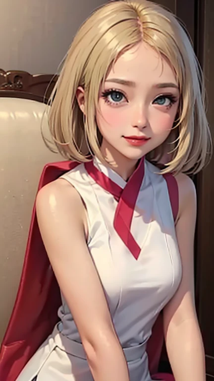 blush a little and smile, (Top quality masterpiece:1.2) Delicate illustrations, Very detailed, /Beautiful Japanese Women、1 person,Very cute and slim、Great style 、((8K images、super high quality))、Very delicate face, Skin and Hair、beautifule forehead、Red lipstick、(((((Medium Hair、Blonde、lure))))),Very cute Japanese cut face、Eyes and nose are clearly visible、Kind eyes,((((Sleeveless fashion))))