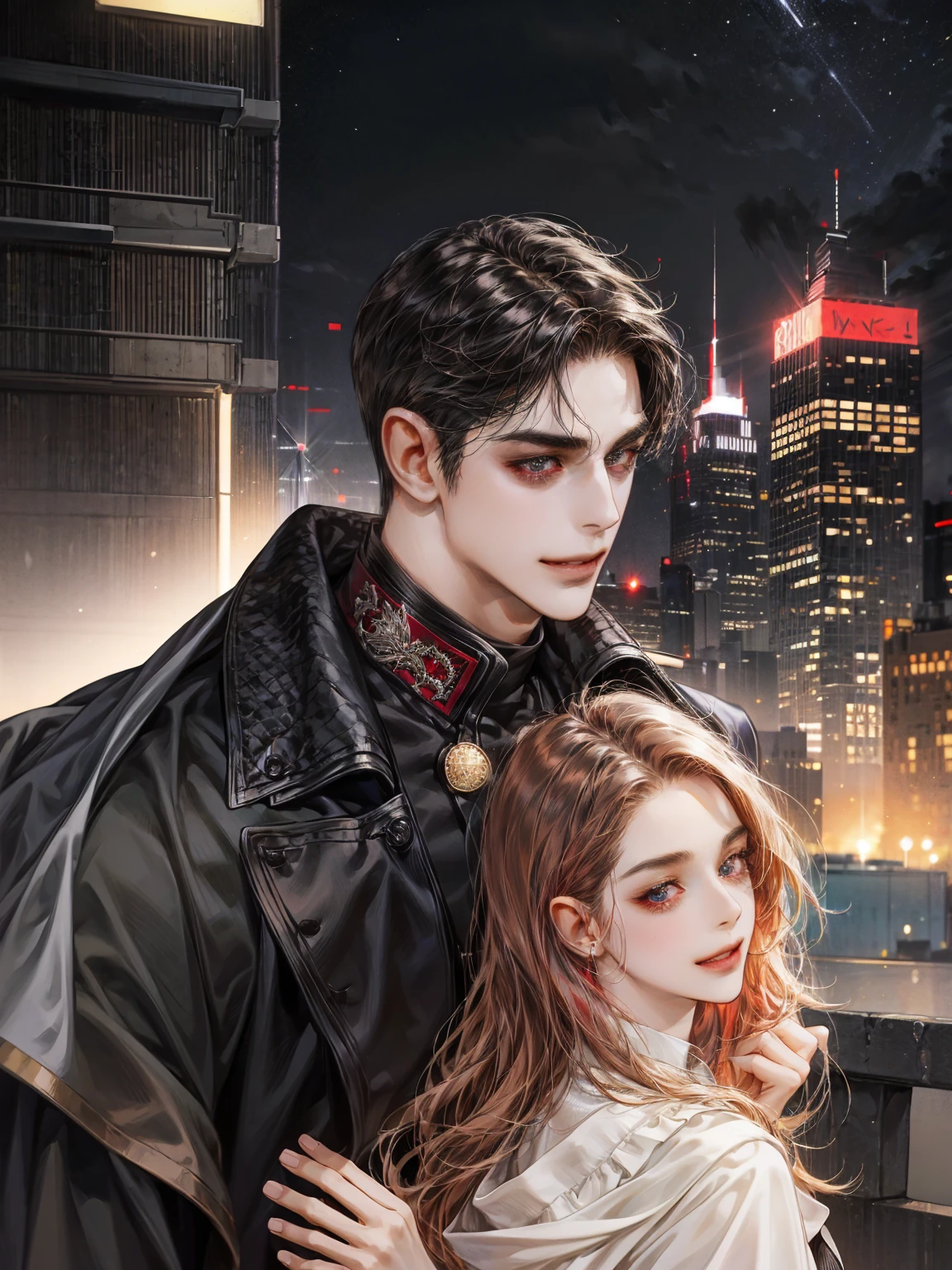 Handsome man, red eye color, muscular, comma black hair, grinning, teacher coat, full body, city background
