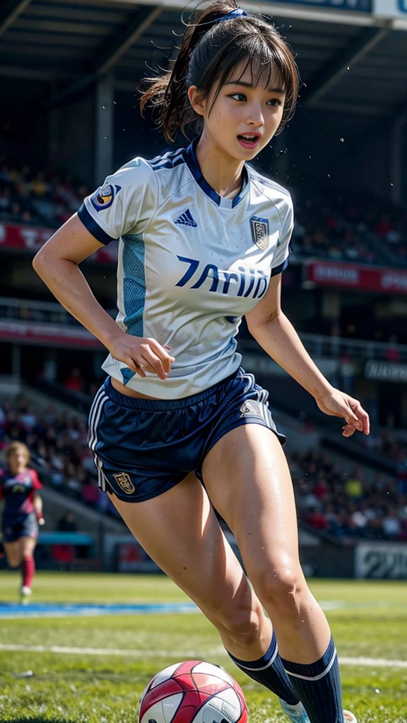 Highest quality, High resolution:1.2, Super detailed, Realistic:1.3, ((Beautiful woman))、((Ultra tight uniform))、Big Breasts、Vibrant colors, play soccer,((blunt bangs))、Has bangs、Wet Hair, Concentration, Splash, Action Shots, Grass blotches, Muddy ground, Wet turf, Decide, Fast-paced games, Athletic physique, Shiny soccer ball, Wet uniform, raindrop, Blurred motion, Focus on the ball, Intense competition, Skillful dribbling, Energetic play, Teamwork, powerful shoots, Wet pitch, Passionate sports, Fierce Decide, Humid atmosphere, Fluid movement, emotional expression、Dramatic lighting, Women's Sports, Avid athletes, Exciting Games, endure, Excited state, Speed and agility, Energetic play, 濡れたSplash、smile、