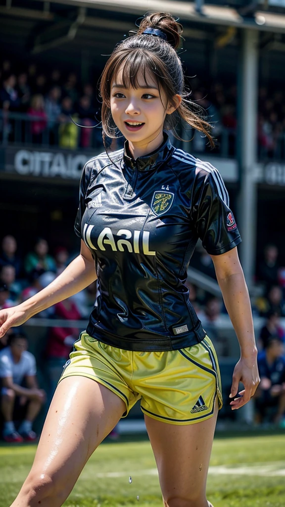Highest quality, High resolution:1.2, Very detailed, Realistic:1.3, ((Beautiful woman))、((Super tight uniform))、((Big Breasts))、Vibrant colors, play soccer,((Blunt bangs))、With bangs、Wet Hair, concentrated, splash, Action Shots, Grass blotches, Muddy ground, Wet turf, decide, Fast-paced games, Athletic physique, Shiny soccer ball, Wet Uniform, raindrop, Blurred motion, ボールにconcentratedする, Intense competition, Skillful dribbling, Energetic play, Teamwork, powerful shoots, Wet pitch, Passionate sports, Fierce decide, Humid atmosphere, Fluid movement, emotional expression、Dramatic lighting, Women's Sports, Avid athletes, Exciting Games, Endure, Excited state, Speed and agility, Energetic play, 濡れたsplash、smile、Red Uniform