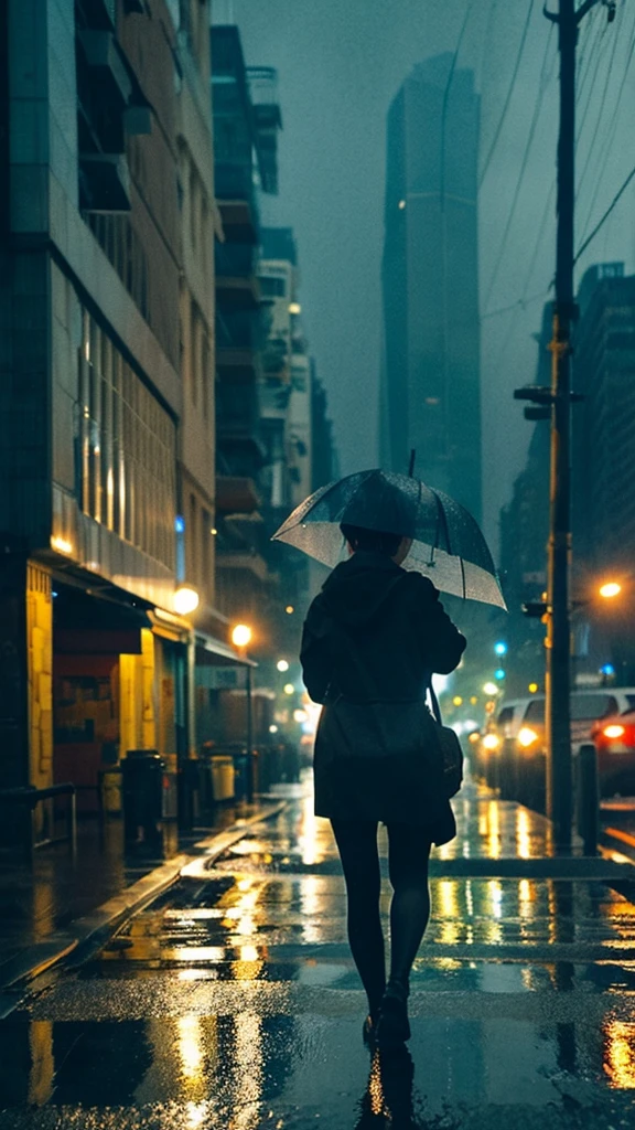 A rain-soaked sidewalk In the city Night view