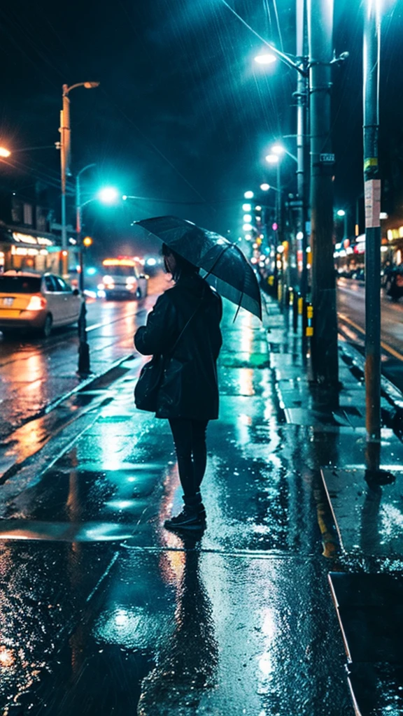 A rain-soaked sidewalk In the city Night view