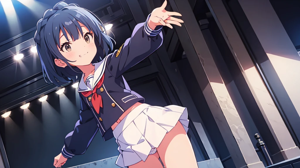 school gymnasium on the stage primary school girl 8 years flat chest black fur wide The eyes are purple. SMILE ((1 person)) Sailor uniform long sleeve white upper body Navy blue underbody mini skirt white panties white socks indoor sports shoes Standing with hands open((I can see white panties)) FROM THE FRONT dynamic angle low angle