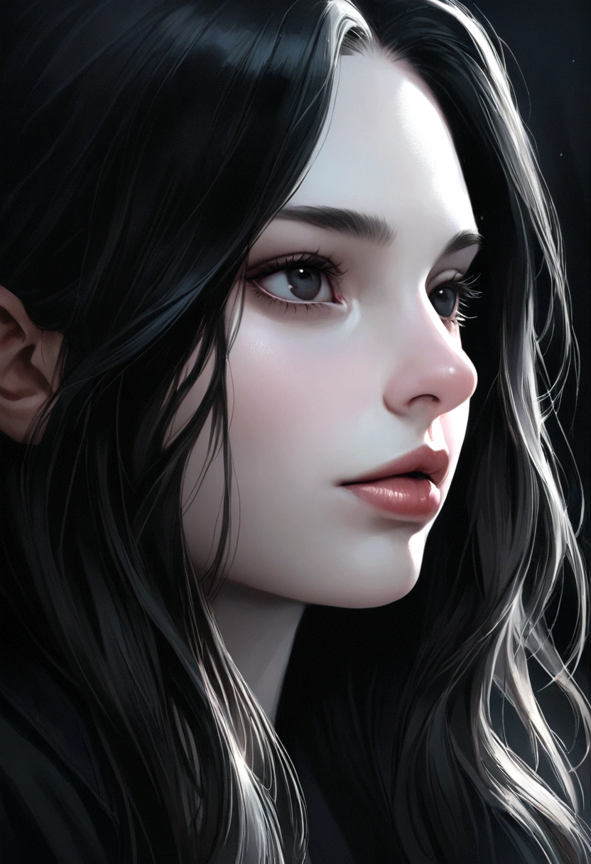 A twenty-six year old woman... with short black hair that used to be long and wide black eyes... a small nose and a small mouth with full lips and pale skin, medium height, realistic style.