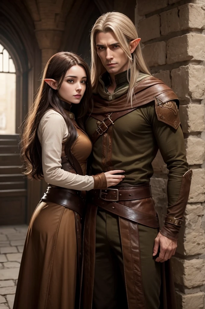 A female rogue with her 190 centimeters, with brown colors in clothing and hair face to face with a 175cm elf cleric standing like a man and woman couple in love