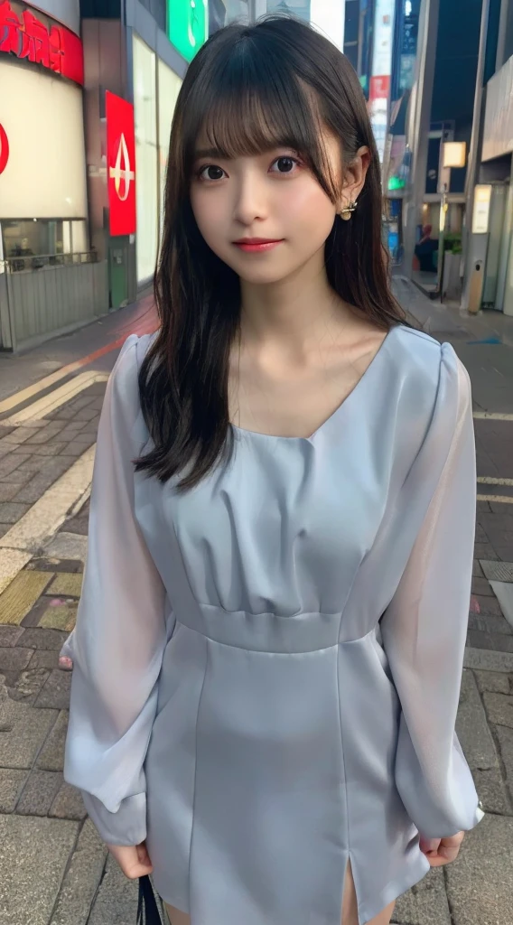 ((best quality, 8K, masterpiece: 1.3)),upper body,Black Hair, black eye,sharp focus: 1.2, beautiful woman with a perfect body: 1.4, ((Medium Hair, large: 1.2)), (small and beautiful hard (White long sleeve blouse with lace、Silk Tight dark turquoise long skirt), (wet from rain: 1.2), (rain, street: 1.2), wet body: 1.1, Highly detailed face and skin texture, detailed eyes, double eyelids, White skin,,E cup,smile,Financial district of the big city,Skyscraper,White skin,Wet Hair、Wet Skin、Wet clothes、smile、