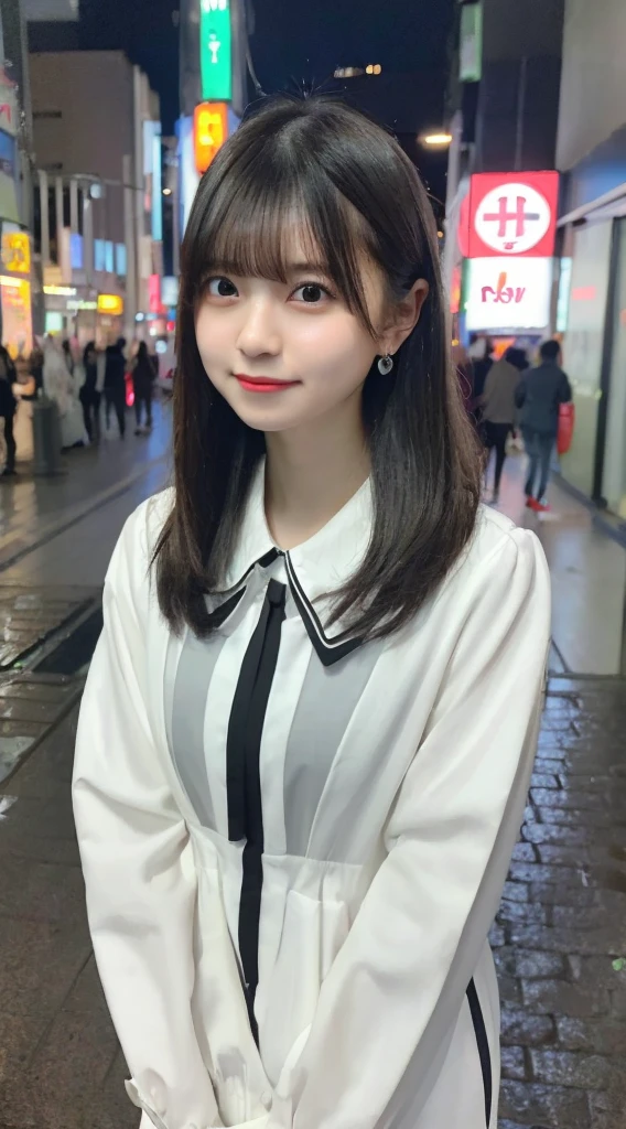 mix 4, (8k, Raw photo, best image quality, masterpiece: 1.45), (realistic, Photoreal: 1.37), one girl, cute, cityscape, night, rain, Wet, professional lighting, photon mapping, radio city, Physically based rendering, gradient black hair, gray hair, short curly hair, Handsome, with a girl, (((Randomly generated private clothes))), highest quality photos, High resolution, 1080p, (clear face), (Detailed facial description), (detailed description of handasterpiece), (Detailed CG)、extreme light and shadow、messy hair、master work、Rich details、(detailed facial features)、(highest quality photoasseter muscle part)、(detailed eye)、look in front of you、thin clavicle、((slender and big))、((Office Looksuit)))、((cute服))、((Shinjuku City))、(Take photos from random viewpoints)、(((first round)))、earrings、big smile、Draw the whole body from the knees、