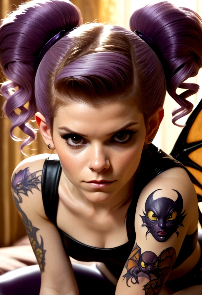 An adorable succubus (Kate Mara (age 25) violet skin, mega twintails, twin scorpion tails, tattoos, leathery bat wings, flirting, golden body jewelry, safe for work), in the bedroom
