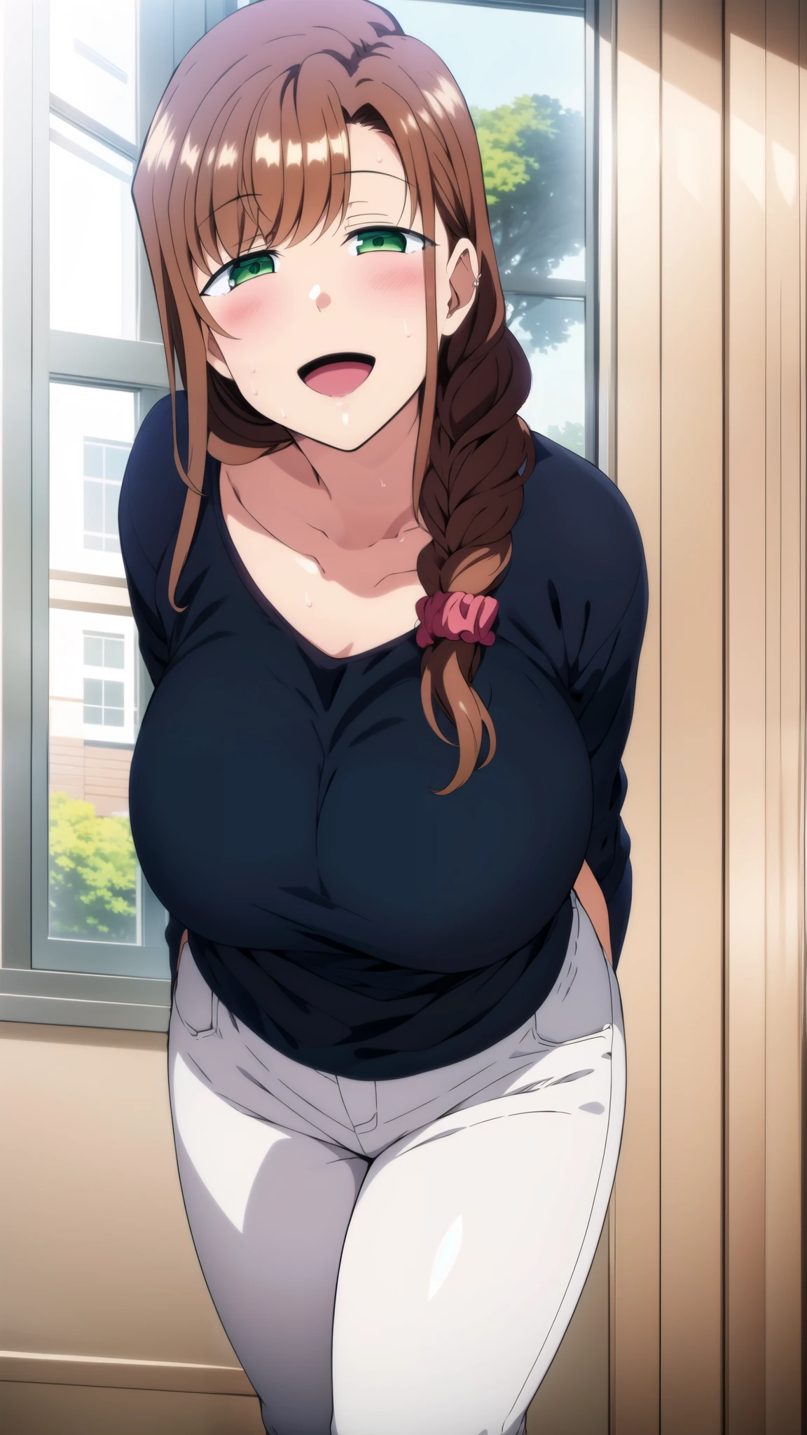 1girl, breasts, green eyes, brown hair, scrunchie, portraid, , face focus, large breasts, solo, braid, open mouth, black shirt,white pants, blush, long hair, collarbone, smile, shirt, pants, looking at viewer, indoors, hair over shoulder, single braid, mature female, long sleeves, sweat, night, braided ponytail, breath, heavy breathing, window, :d, arms behind back, leaning forward, standing,
