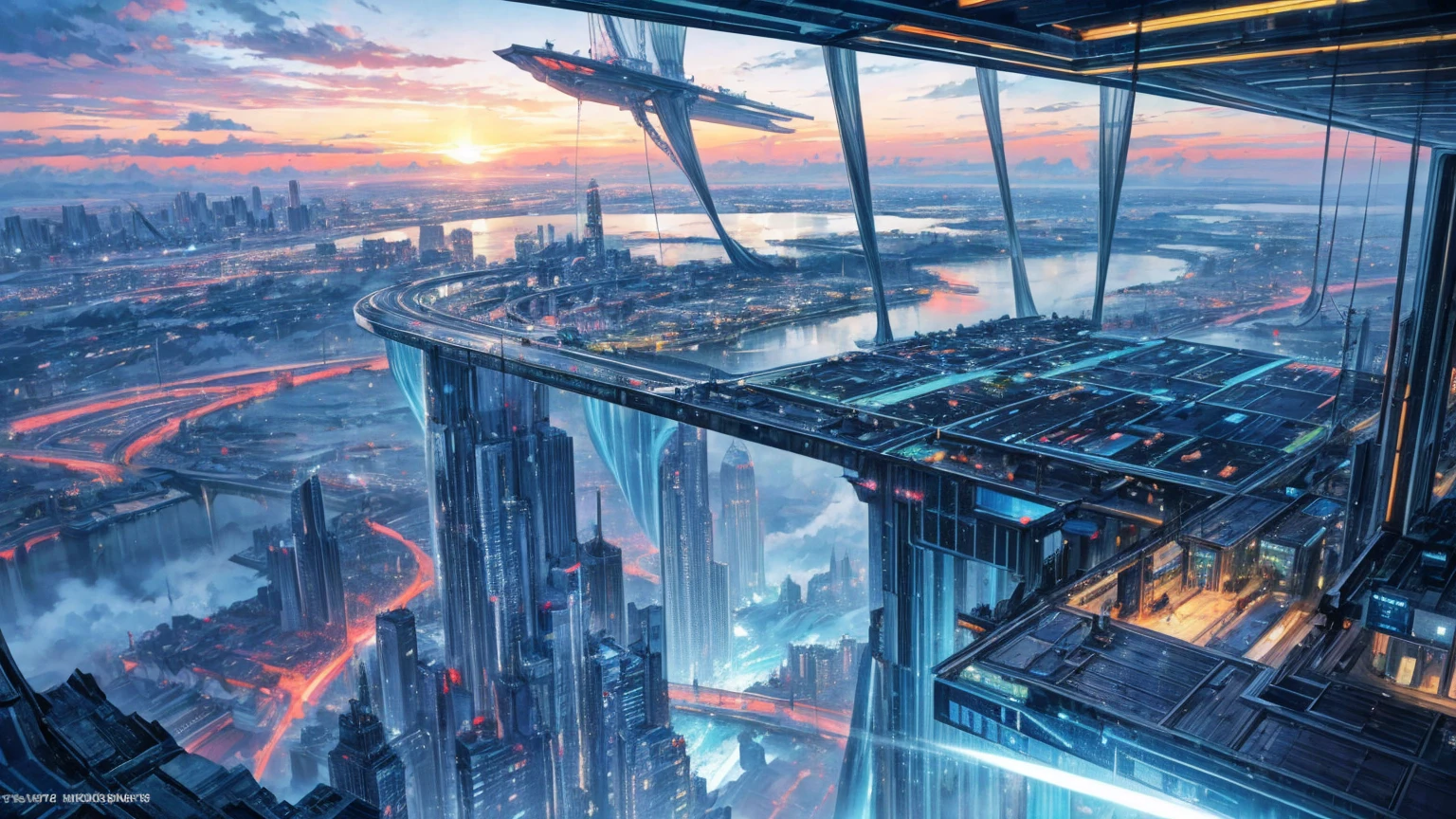 (Best quality,4K,8K,A high resolution,Masterpiece:1.2),Ultra-detailed,(Realistic,Photorealistic,photo-realistic:1.37),Futuristic floating city,Futuristic technology,Huge urban high-tech tablet platform,Airship,Floating in the sky,Futuristic city,Small airships around,High-tech hemispherical platform,Colorful lights,Advanced architecture,modernn architecture,skyscrapper,Access the cloud,Scenic beauty,view over city,Impressive design,Blend seamlessly with nature,energetic and vibrant atmosphere,Futuristic transportation system,Parking is suspended,Transparent path,Lush greenery,Sky gardens,cascading waterfalls,Magnificent skyline,reflections on the water,Sparkling river,Architectural innovation,futuristic skyscrapers,Transparent dome,The shape of the building is unusual,Elevated walkway,Impressive skyline,Glowing lights,Futuristic technology,Minimalist design,Scenic spots,Panoramic view,Cloud Piercing Tower,Vibrant colors,epic sunrise,epic sunset,Dazzling light display,magical ambiance,The future city,Urban Utopia,LuxuryLifestyle,Innovative energy,sustainable development,Smart city technology,Advanced infrastructure,Tranquil atmosphere,Nature and technology live in harmony,Awesome cityscape,Unprecedented urban planning,Architecture connects seamlessly with nature,High-tech metropolis,A cutting-edge engineering marvel,The future of urban living,Visionary architectural concept,Energy-efficient buildings,Harmony with the environment,A city floating above the clouds,Utopian dreams become reality,The possibilities are endless,State-of-the-art transportation network,Green energy integration,Innovative materials,Impressive holographic display,Advanced communication system,Breathtaking aerial view,Quiet and peaceful environment,Modernist aesthetics,Ethereal beauty