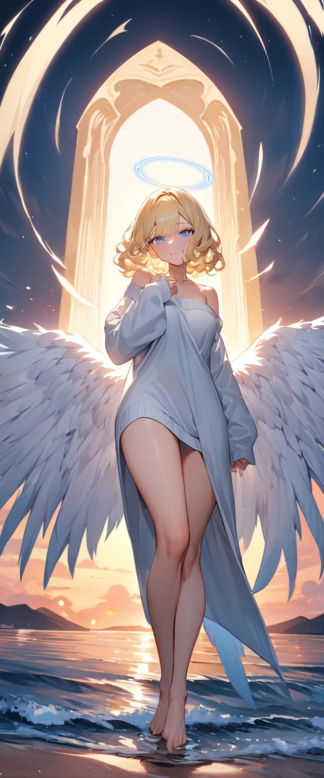 (((One girl))), full body, flying in the sky, bare legs, ((angel, big big white wings:1.2, halo:1.3)), Uriel, ((wavy hair, outward curled hair)), evening, Sunset, sea, beach, ((blond hair, bob cut:1.3)), big breasts, ager, (looking at viewer), oversized clothes, puffy long sleeves, collarbone, ((off-shoulder sweater dress:1.3, Quite thick shoulder straps)), (((sleeves past wrists:1.3))), ((white sweater)), collarbone, head tilt:1.3, (((blue eye))), ((happy smile)), (((anime style))), (best quality, 4K, 8K, highres, masterpiece:1.2, ultra-detailed, ultra-detailed eyes, HDR, uhd, studio lighting, ultra-fine painting, sharp focus, physically-based rendering, extreme detail description, professional, vivid colors, bokeh), ((Highest quality, Best image quality, Ultra-high resolution, Ultra-high resolution, solo, Strong eye highlights)), Depth of written boundary, Natural soft light, attractive, Beautiful Face, Cleanliness, Pure Face, medium chest, Beautiful Face, Perfect Fingers, Perfect hands, Perfect body, Perfect Face, Shine a light into your eyes, Perfect Anatomy