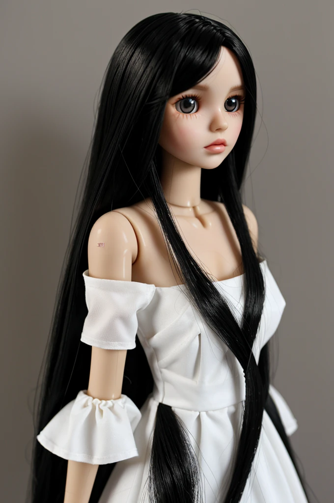 Blythe doll, long straight and shiny black hair, white dress close to the body with bare shoulders and very dark eyes