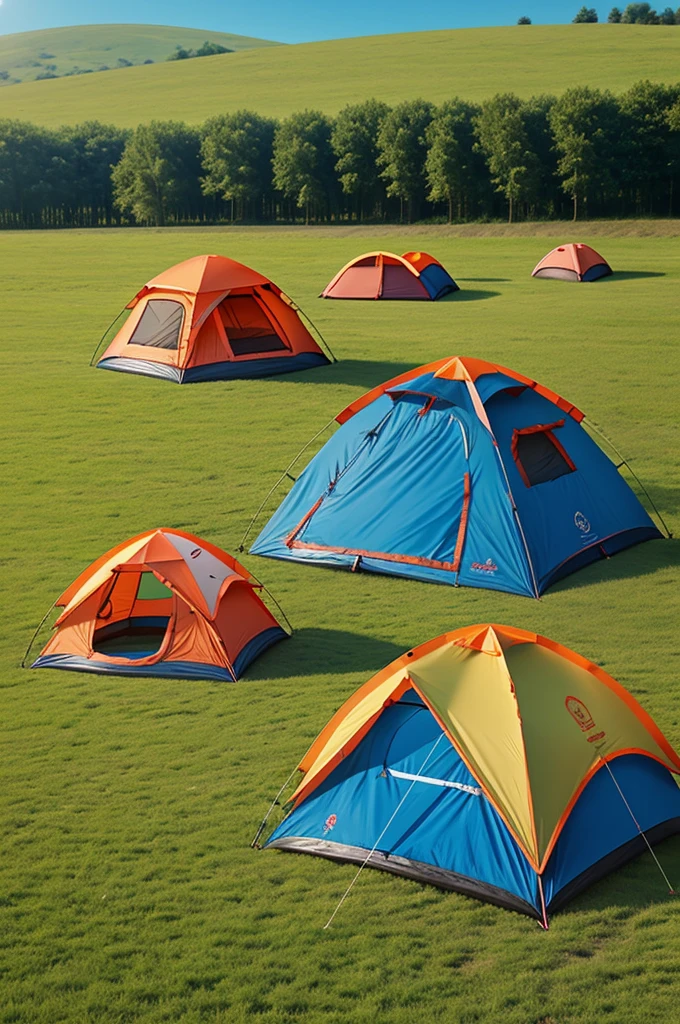 Make a 3d cartoon image ,of children in summer camp with camping tents , in a field.