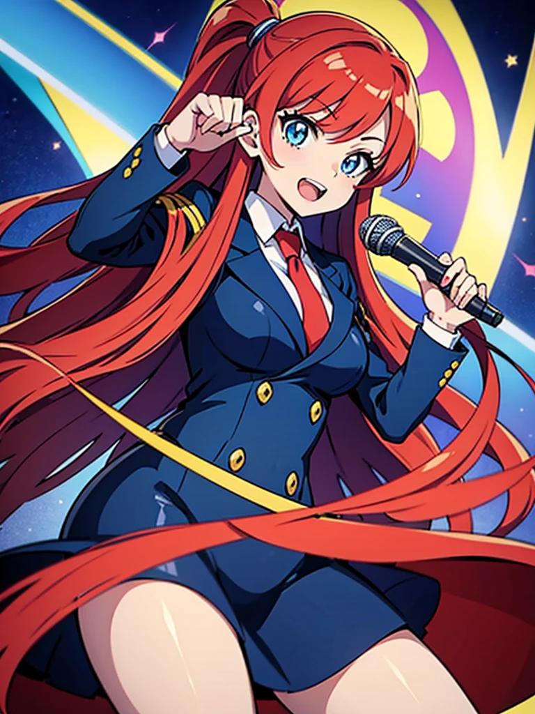 portrait of an anime girl with long red hair and blue eyes, dressed as a quiz show host. She should wear a professional outfit, hold a microphone, and strike a dynamic pose that exudes confidence and enthusiasm. Use vibrant colors and a distinctive anime drawing style.