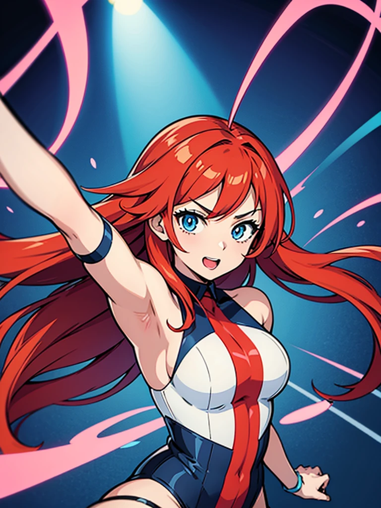 portrait of an anime girl with long red hair and blue eyes, dressed as a quiz show host. She should wear a professional outfit, hold a microphone, and strike a dynamic pose that exudes confidence and enthusiasm. Use vibrant colors and a distinctive anime drawing style.