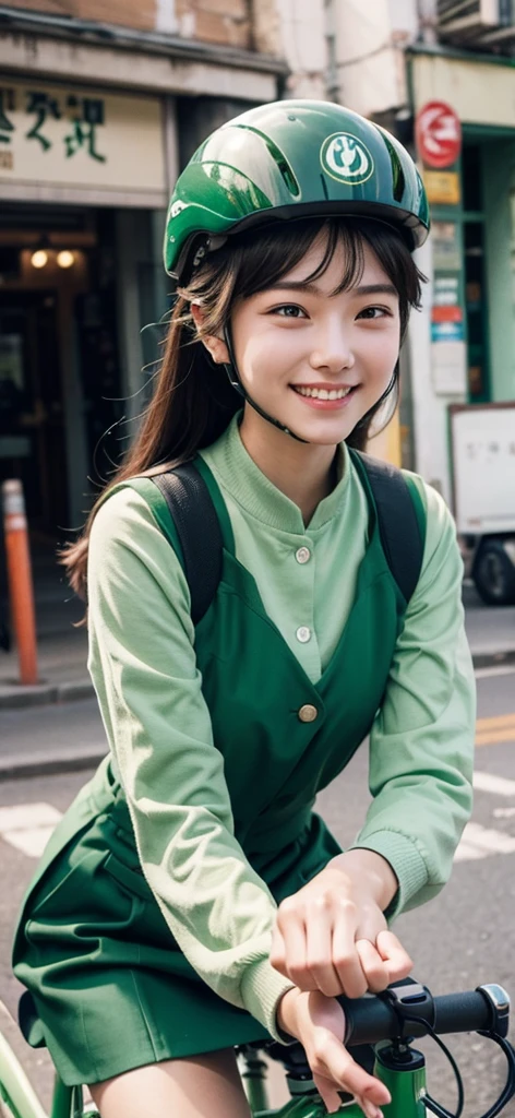 Smiling young woman in green uniform riding on the back of a bicycle。A moving and emotional background。