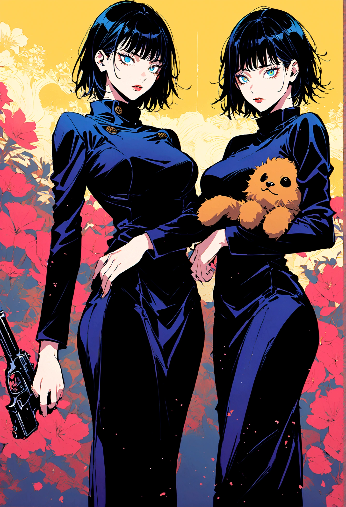 (2 girls,jujutsu kaisen),twins, holding a stuff animals, holding a sword in one hand and a gun in another, two different set of colored eyes, same height, matching dresses, artwork
