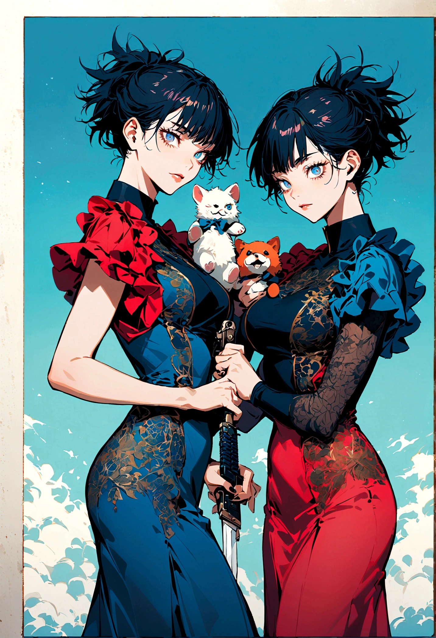 (2 girls,jujutsu kaisen),twins, holding a stuff animals, holding a sword in one hand and a gun in another, two different set of colored eyes, same height, matching dresses, artwork
