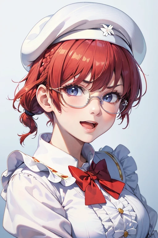 (8K, RAW photo, best quality, masterpiece:1.2), RanmaChan, RanmaRedShirt, red , turn back, show her butt ((masterpiece:1.4)), high quality, very_high_resolution, large_filesize, full color, heavy outline, clear outline, colorful, (beautiful detailed eyes), ((beautiful face:1.0)), ((boyish face:1.4)), 1 girl, (femaleranma), (red hair), short hair, (braided ponytail), ((bangs)), bumpy bangs, blue-gray eyes, big , curvy, femaleranma, braided ponytail, (red chinese clothes), sleeveless, tangzhuang, black pants, cameltoe, standing, upper body, ((from front:1.4)), ((portrait:1.8)), ((face focus:1.4)), (angry),　masterpiece, realistic, 8K, (1woman:1.3), european, hazelnut green eyes, white shirt, (blonde hair:1.1) , short-cut,(buzz-cut:1.1),1girl in,((:d))、Hot、Office room、eye glasses、bigass bighip、FUCK　FUCKOFF　SEXY 1 girl, Kotoko Iwanaga, ((collar, cuff, SkirtA white frilled dress with a blue hem)), white beret, petticoat, juliet sleeves, long sleeve, plump sleeves, thigh strap, white knee socks, short hair, hair 弓, light brown hair, purple eyes, skirt, holding cane, brown mini leather boots, (white iwanaga dress:1.2), (iwanagakotoko:0.9),(white beret:1.8), (((masterpiece))), ((highest quality)),  ultra high resolution, looking at the viewer, from the front,, abstract background, A street lined with old Western-style buildings