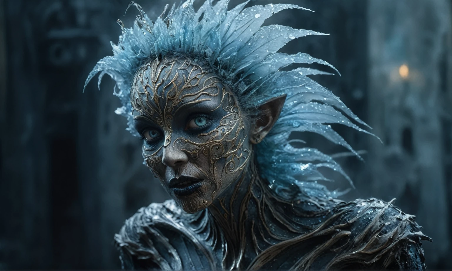 Magical plant ghost flower, ghost flower,carismatic，Incredible，terror ,extremely detailed,intricate details,eyes extremely detailed, high detailed eyes,16k resolution, realistic humid skin,extremely intricate details,Epic Realistic,face anatomically correct,Ultra HD,HDR, natural skin textures, hyper realism,realistic skin texture, hyper detailed,extremely Realism,Ultra Detailed,body logically correct,full body length shot,beggar graphite Manganite sparas, wants eat,survival in criminal city of future,Cinematic,soft colors, Technicolor,natural skin textures, hyper realism, hyper detailed,Extremely detailed,High contrast,Masterpiece,Realistic,Ultra Detailed, intricate details,realistic humid leather,extremly intricate,Epic Realistic, cinematic style,irina yermolova,high contrast,hdr,extremely detailed, [deep night landscape],masterpiece,intricate details,faded,eyes extremely detailed, high detailed eyes,16k resolution,RAW,retina, Nikon Z9,Songbird,orc,Guangxi Zhuang of China,tkt style, Pisces,perfect, ginger，transition between two art styles, Ink painting to photorealism, Double contact, X-ray, Creative, vivid light, masterpiece, fantasy, Abstract, Surrealism, super detailed, high resolution, stop:35,(((creature with a spectral and ghostly appearance)). Her skin is pale, almost translucent.wears dark, torn clothes that float around him, as if permeated by an aura of mourning. Its appearance is complemented by details such symbols of gothic elements, further emphasizing its dark air. is haunted and tormented entity,pixar movie still,Silver-gold long hair with bangs、Aquamarine Eyes,matte silver sequined dress,Mestichino,Light particles,chaos