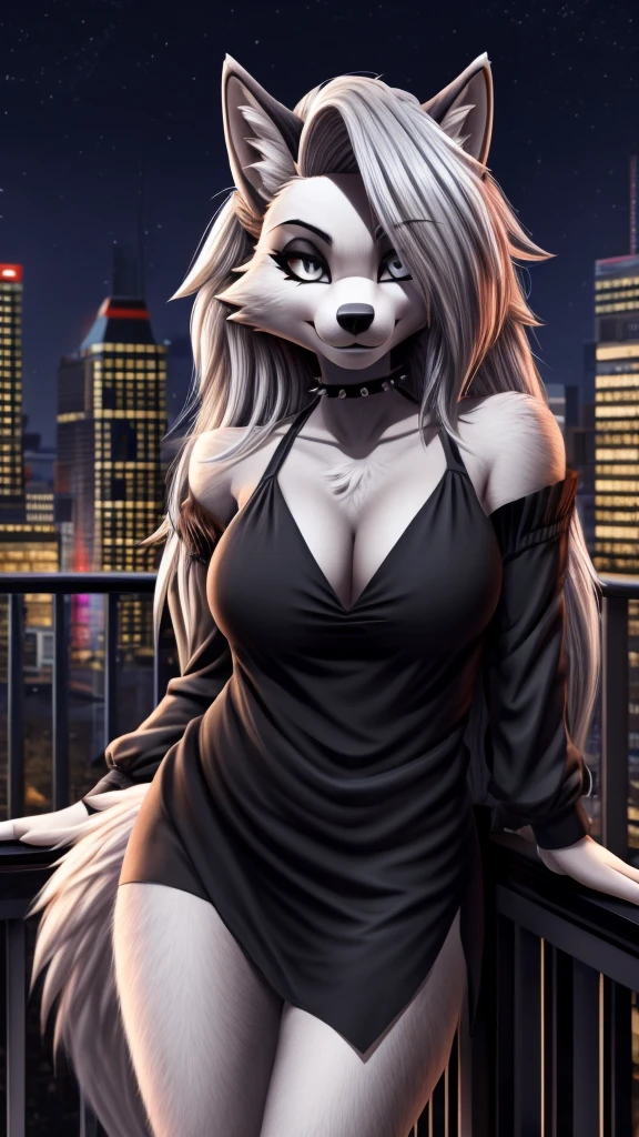 Anthropomorphic beautiful wolf girl, anthropomorphic legs, anthropomorphic hands, detailed face, black fur, wolf tail, long straight white hair, blue eyes, flirty smile, sexy pose, standing full height, standing on balcony, solo, looking at viewer, nipples, detailed breasts, detailed pussy,  pink pubic tattoo, detailed hair, night time, detailed eyes, wearing black coat on naked body, gold  jewelry, athletic build, tall, city in background, high detail, golden section, masterpiece, high quality, 8k ultra, soft lighting, contrast of light and shadow, photorealism, HDR, detailed light, nsfw.  