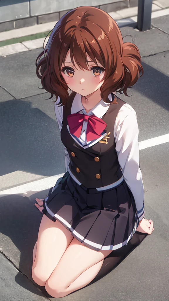 Highest quality, masterpiece, High resolution, (Head to Toe full body), front, frontやや下からの構図, Symmetric, Tall 18 year old girl, alone, (Head to Toe), (Small breasts), disheveled brown hair, bangs, (black tights), (Black Pantyhose), (Sit with your legs apart), (Crouching pose), (A composition showing white panties), (She has her legs spread and her white panties are visible.), (Sit on the floor with your legs spread), (M-shaped foot), Thin legs, とても美しくTall 18 year old girl, (No shoes), blush, Shy big eyes, Looking into the camera, Blazer Uniform, Checkered Pleated Skirt、Kumiko Oumae