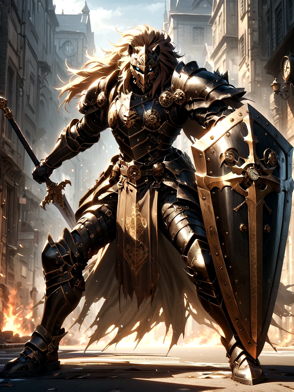 Lion Knight wearing combat uniform, on the street, black armor, Clock designs, Black Lion Man, Black Color armor, Sword and Shield