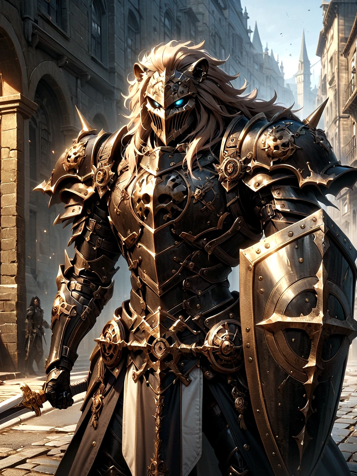 Lion Knight wearing combat uniform, on the street, black armor, Clock designs, Black Lion Man, Black Color armor, Sword and Shield