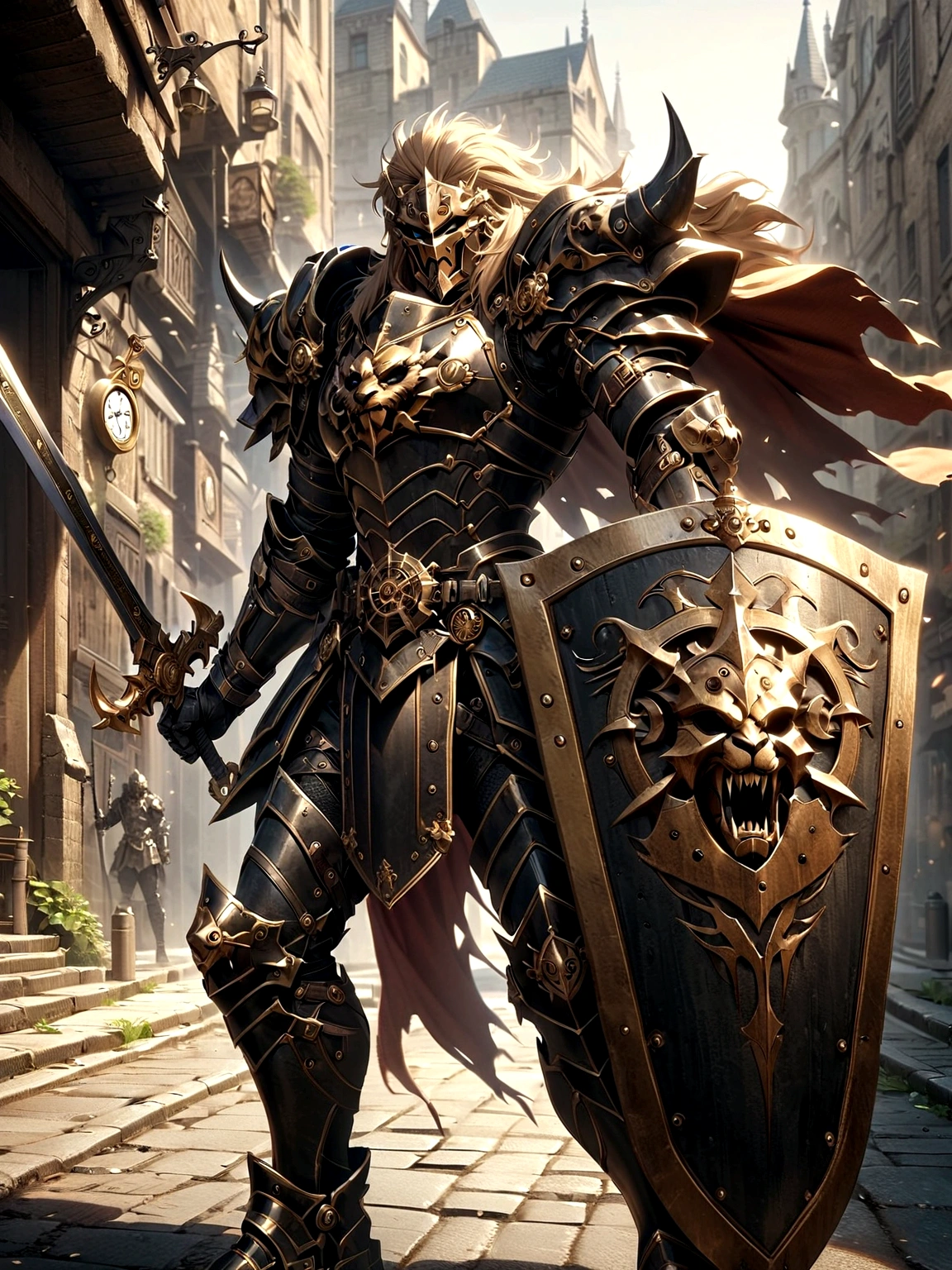 Lion Knight wearing combat uniform, on the street, black armor, Clock designs, Black Lion Man, Black Color armor, Sword and Shield