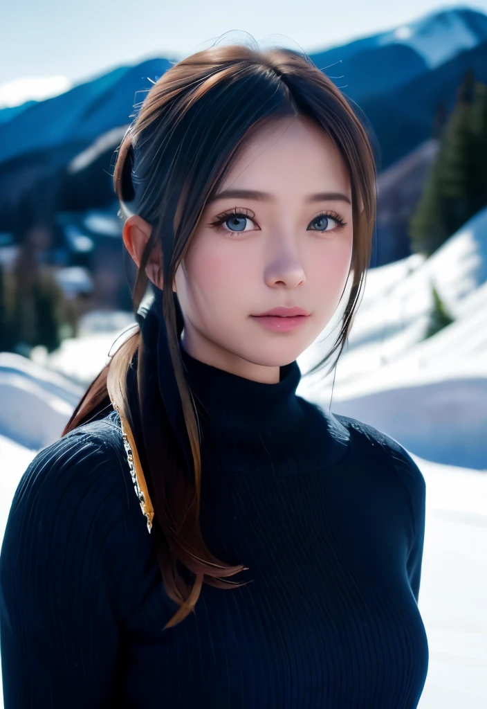 8K, of the highest quality, masutepiece:1.2), (Realistic, Photorealsitic:1.37), of the highest quality, masutepiece, Beautiful young woman, Pensive expression,、A charming、and an inviting look, skiing、snowboarder、Ski Wear, Hair tied back, Cinematic background, Light skin tone、Ski Resort Background