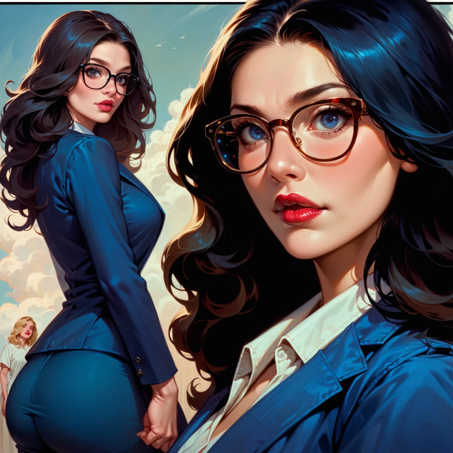 hyperrealistic art cinematic film still lower angle photography in the style of detailed hyperrealism photoshoot . () Extremely high-resolution details, photographic, realism pushed to extreme, fine texture, incredibly, 2 women, blonde, biglips,lipstick