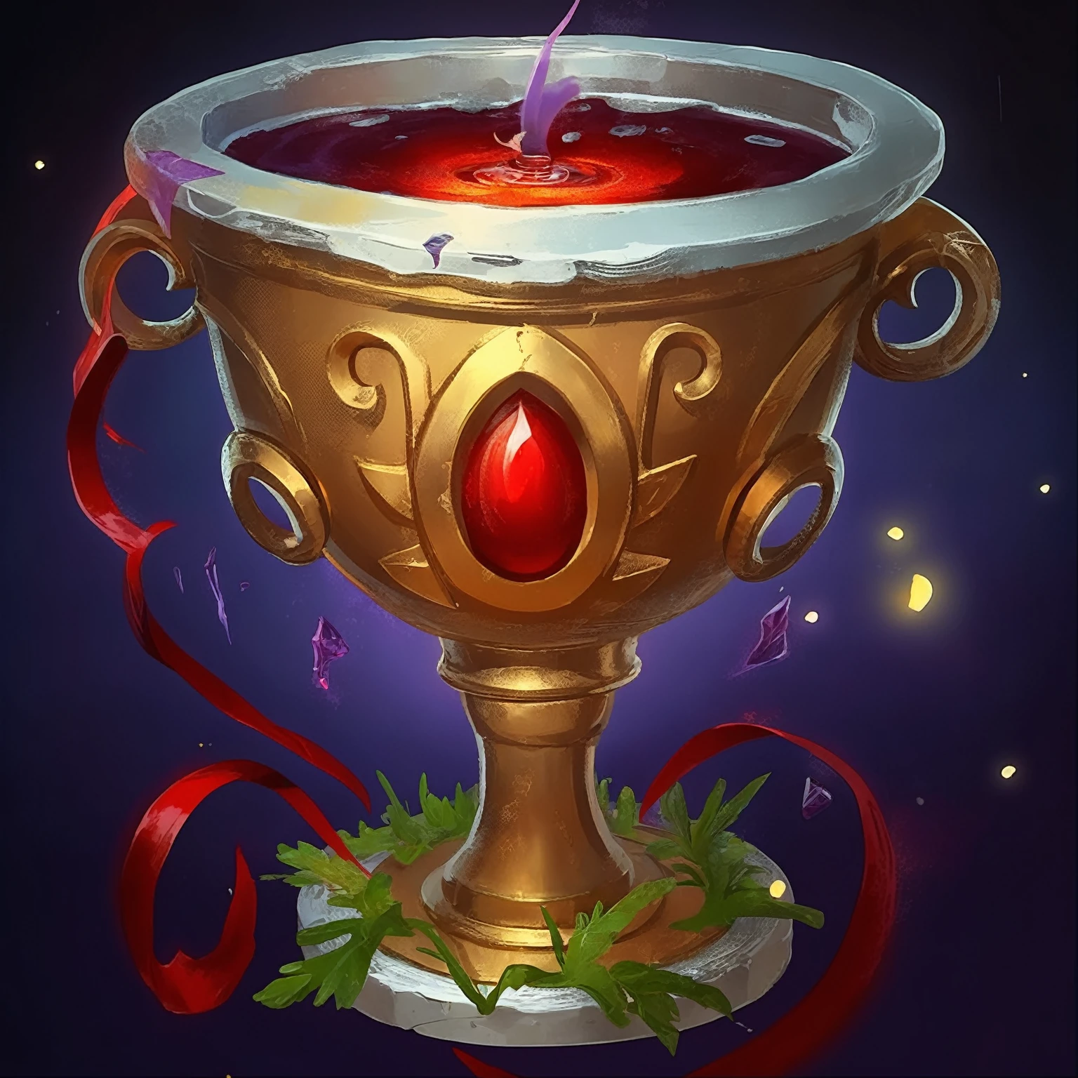 There is a gold cup,There is a candle on it,There is a red candle inside, Heartstone original art style, Overturned ornate holy grail, Overturned Holy Grail A bottle of health potion,