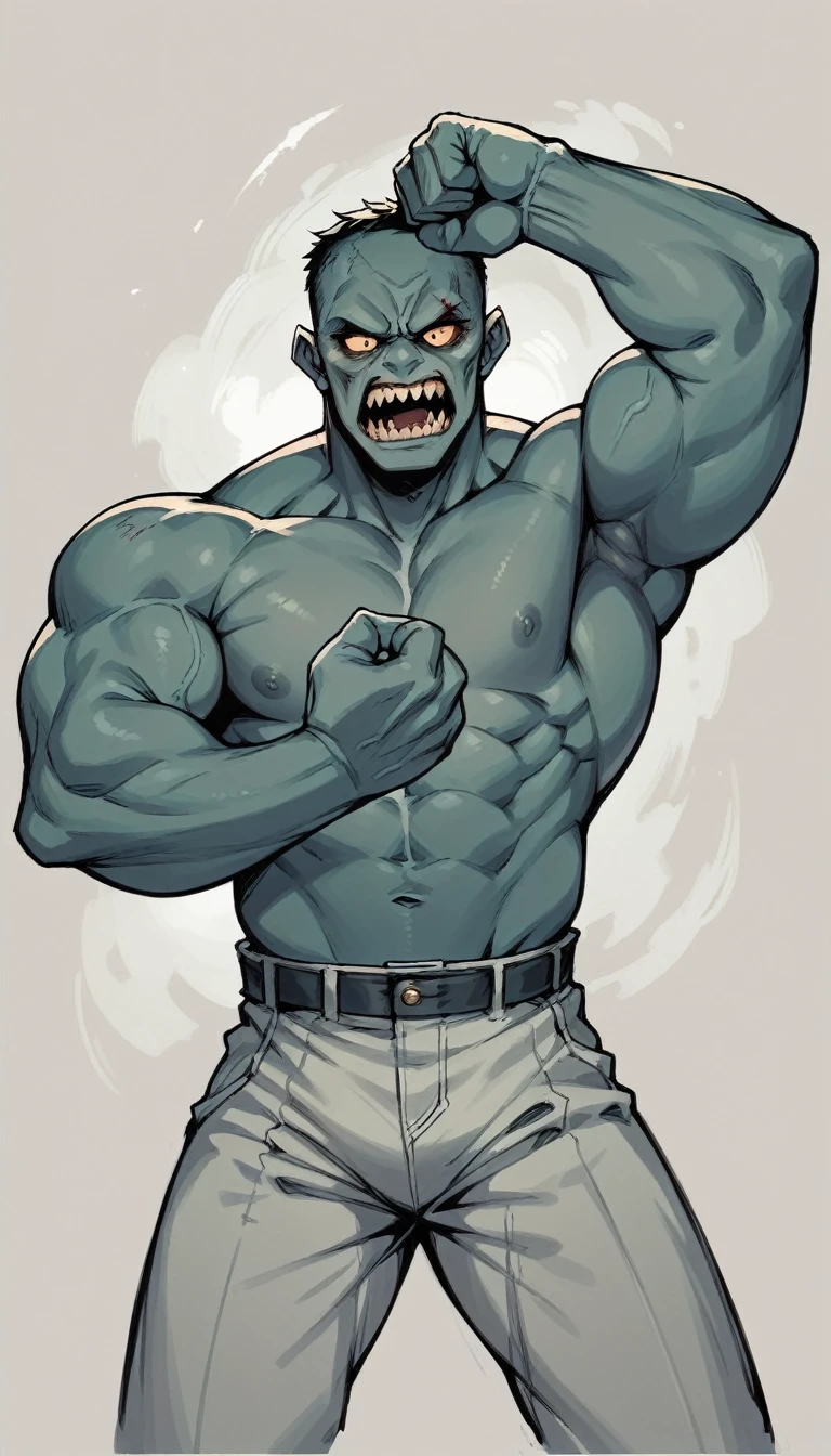 chinese zombie, standing with arms raised, pov, attack against zombie, hand punching
