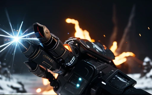 Hand in palm pointing towards the viewer, hand-shot leisure shot, The robot uses laser fire at the viewer, A robot has the palm of its hand showing the viewer, setting frozen planet blizzard, high-impact battle scene.