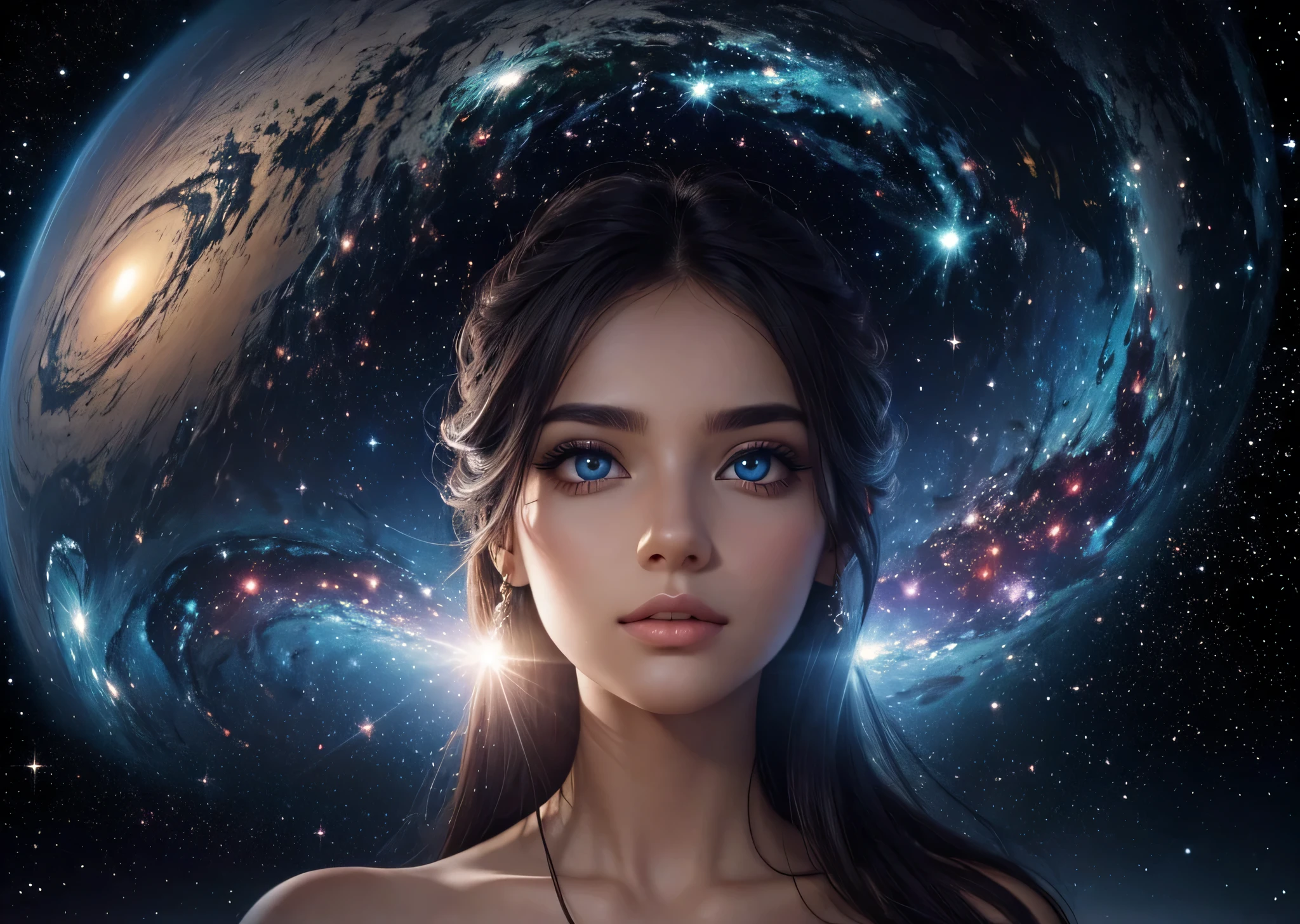 A cosmic view of a vast universe seamlessly transition into the eyes of a beautiful woman, realistic, fantasy