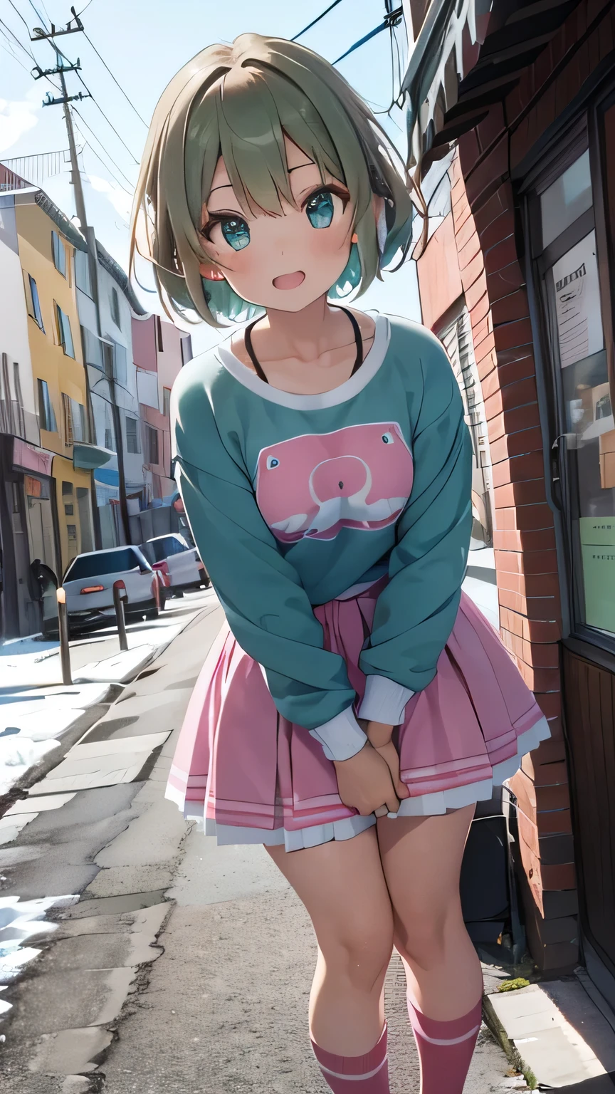 A beautiful woman, (bright green eyes), short hair, (hair color) red, she is half a cat on her face, her fangs are shown, very beautiful face, she is wearing a pink sweatshirt with turquoise details, and a white wedding-style skirt with details light pink, white shoes, she is standing in the middle of a bright day on a snowy day, she is wearing light pink gloves with red stripes as well as light pink socks with white stripes.