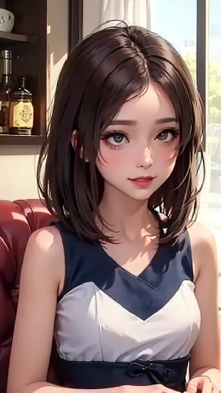 blush a little and smile, (Top quality masterpiece:1.2) Delicate illustrations, Very detailed, /Beautiful Japanese Women、1 person,Very cute and slim、Great style 、((8K images、super high quality))、Very delicate face, Skin and Hair、beautifule forehead、Red lipstick、(((((Medium Hair、Light brown hair、lure))))),Very cute Japanese cut face、Eyes and nose are clearly visible、Kind eyes,((((Sleeveless fashion))))