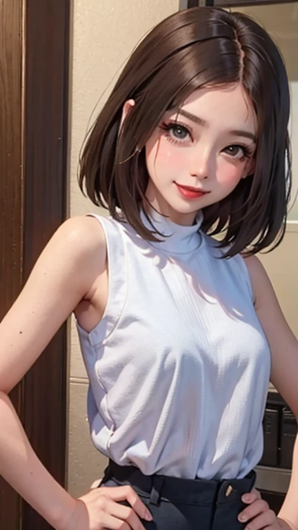 blush a little and smile, (Top quality masterpiece:1.2) Delicate illustrations, Very detailed, /Beautiful Japanese Women、1 person,Very cute and slim、Great style 、((8K images、super high quality))、Very delicate face, Skin and Hair、beautifule forehead、Red lipstick、(((((Mid-length hair、Brown Hair))))),Very cute Japanese cut face、Eyes and nose are clearly visible、Kind eyes,((((Sleeveless fashion))))