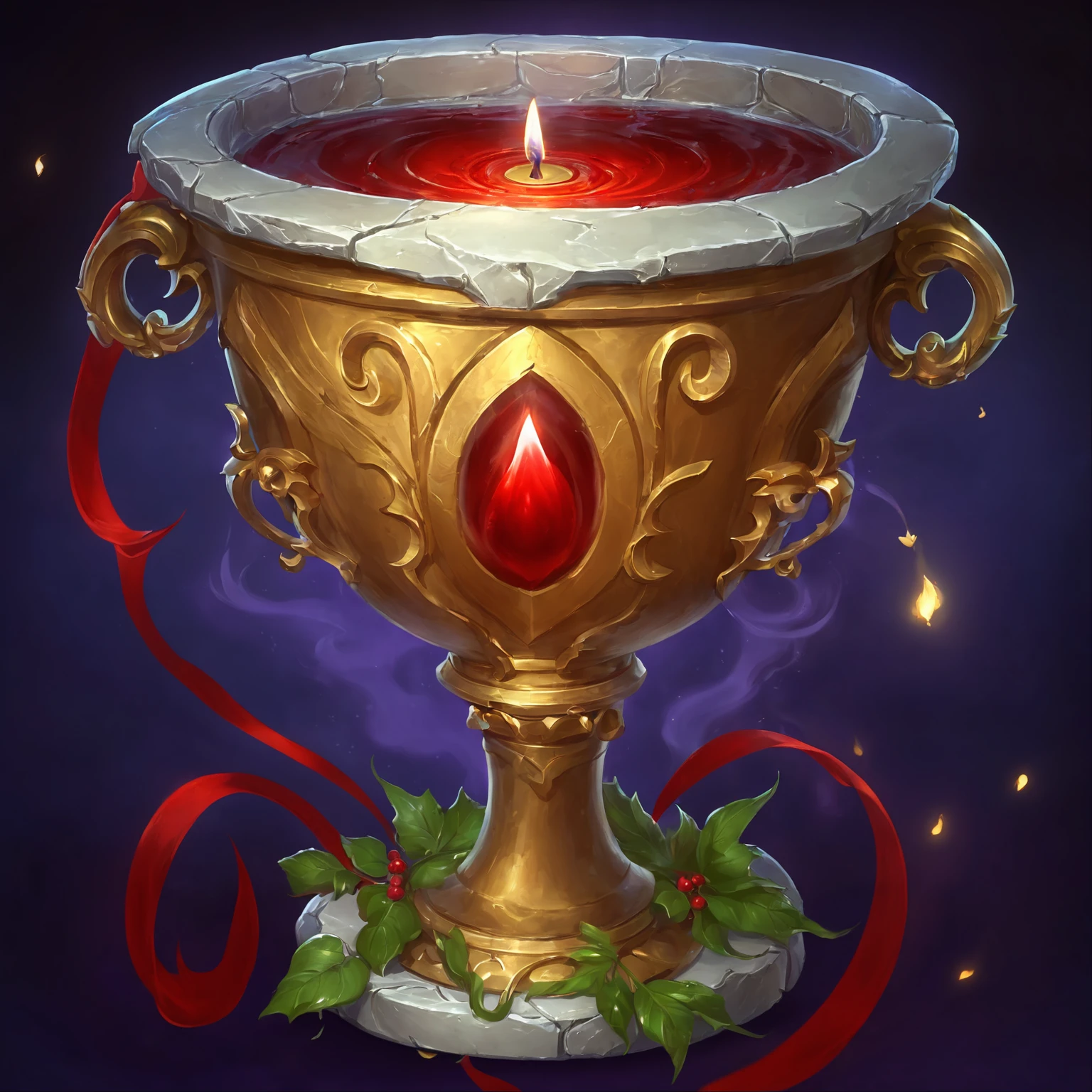 There is a gold cup，There is a candle on it，There is a red candle inside, Heartstone original art style, Overturned ornate holy grail, overturned chalice, Hearthstone风格的艺术, holy fire spell art, Hearthstone艺术, Hearthstone卡牌艺术, 《Hearthstone》Card game original picture. ”, Hearthstone艺术 style, in Hearthstone艺术 style, A bottle of health potion, fantasy Hearthstone艺术 style