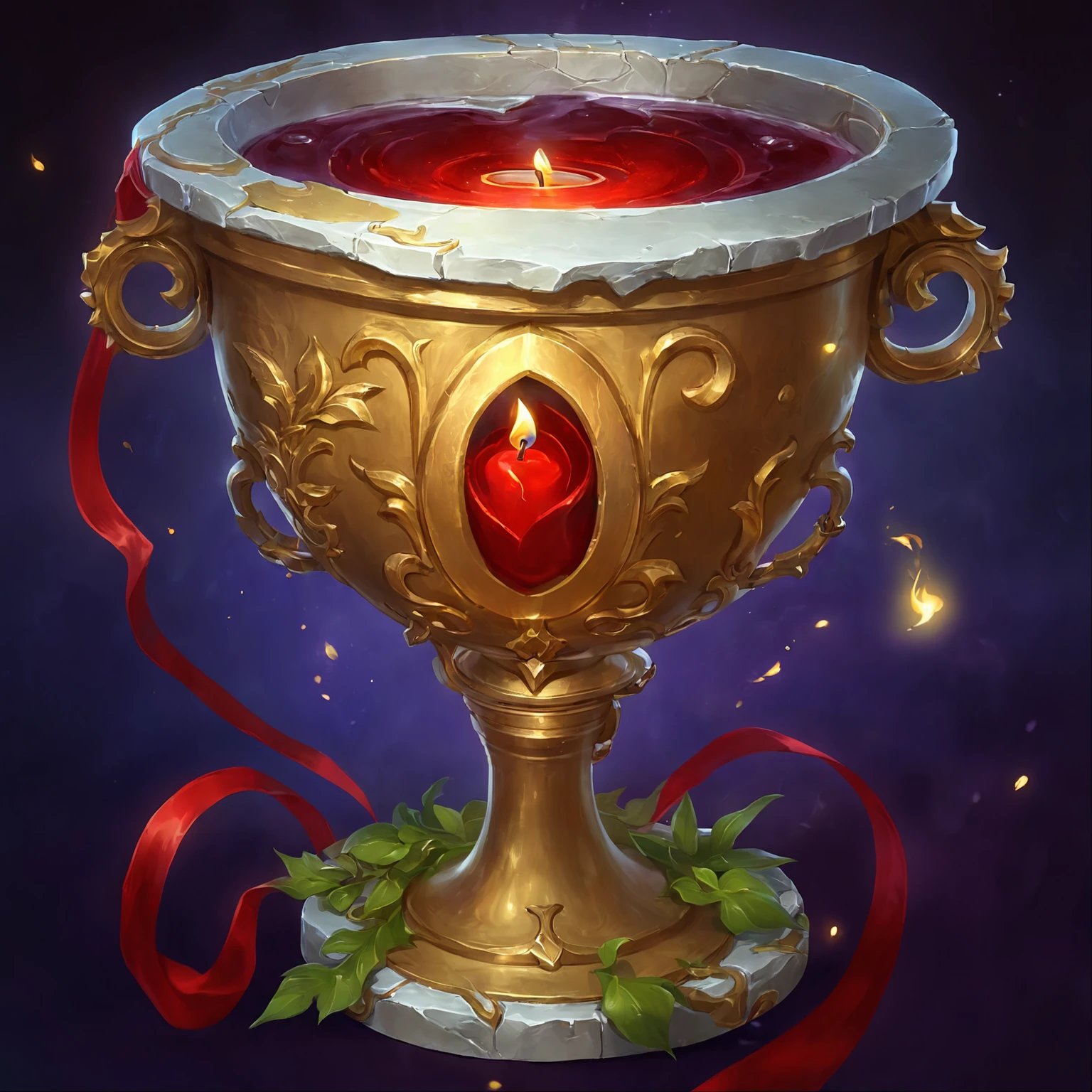There is a gold cup,There is a candle on it,There is a red candle inside, Heartstone original art style, Overturned ornate holy grail, overturned chalice, Hearthstone风格的艺术, holy fire spell art, Hearthstone艺术, Hearthstone卡牌艺术, 《Hearthstone》Card game original picture. ”, Hearthstone艺术 style, in Hearthstone艺术 style, A bottle of health potion, fantasy Hearthstone艺术 style