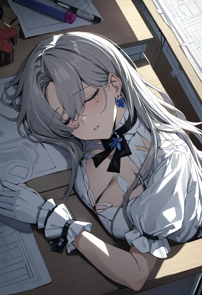 1girl, extreme detailed, Very detailed, colorful, highest detailed, masterpiece, best quality, highres, 8k, highly detailed face,  Eve\(path_to_nowhere\), sleeping, (sleeping on desk:1.4), on stomach, desk, blueprint, toy, from above, grey hair, cleavage, parted bangs, very long hair, hair over one eye, one eye covered, x hair ornament, mole under eye, purple eyes, choker, black neckwear, neck ribbon, flower earrings, single earring, white blouse, puffy sleeves, short sleeves, white gloves, frilled gloves, wrist cuffs, butterfly ornament, earrings 