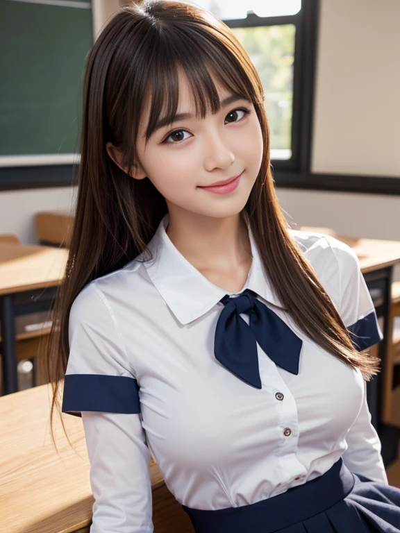 product quality, 1 school girl, cowboy shot, front view, a Japanese young pretty girl, classroom, wearing dark navy mini skirt, hyper cute face, glossy lips, double eyelids for both eyes, (natural makeup), shiny smooth light brown hair of long hair, asymmetrical bangs, central image, 8K resolution, high detail, detailed hairstyle, detailed face, cinematic lighting, octane rendering, hyper realistic, perfect limbs, perfect anatomy, big breast, half sleeves shirt, sit on the desk, smile